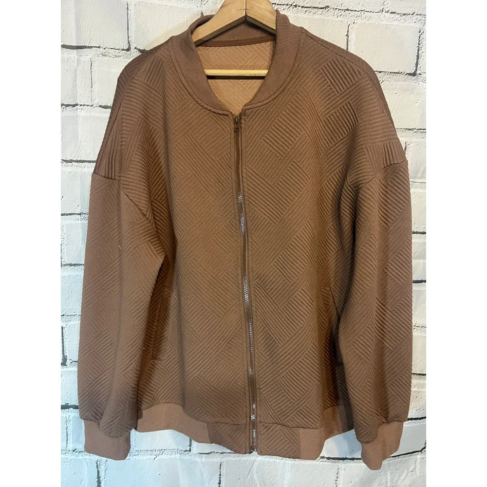 Brown Textured Quilted Bomber Jacket Oversized Zip Up Lightweight Streetwear
